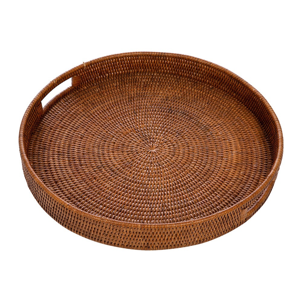 Amara Round Rattan Tray With Handle, Round Rattan Coffee Table Tray