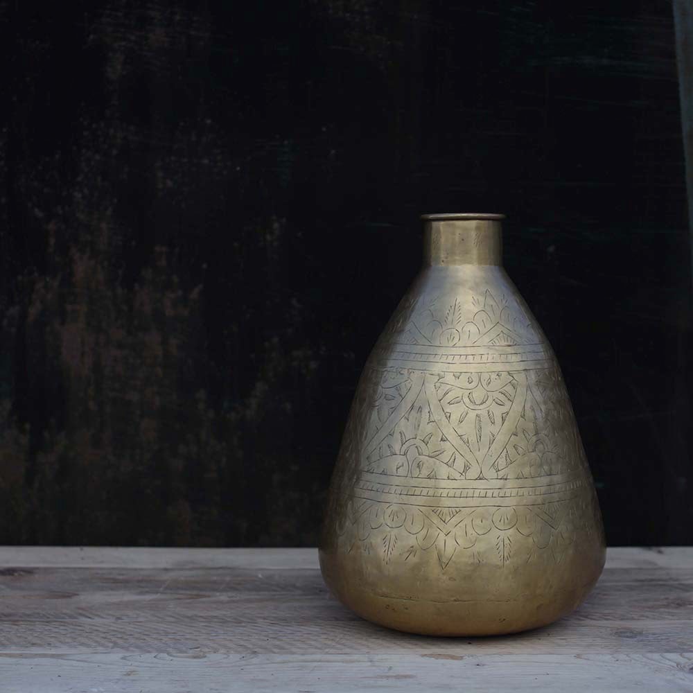 Round etched brass vase  Nkuku Nami pot at Decorator's Notebook